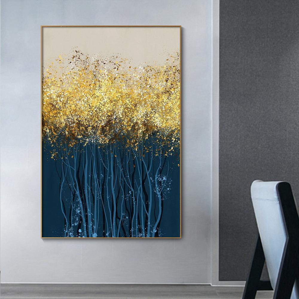 Blue Trees with Golden Leaves Poster Print Canvas Painting Modern Abstract Luxury Picture for Living Room Home Decor Cuadros