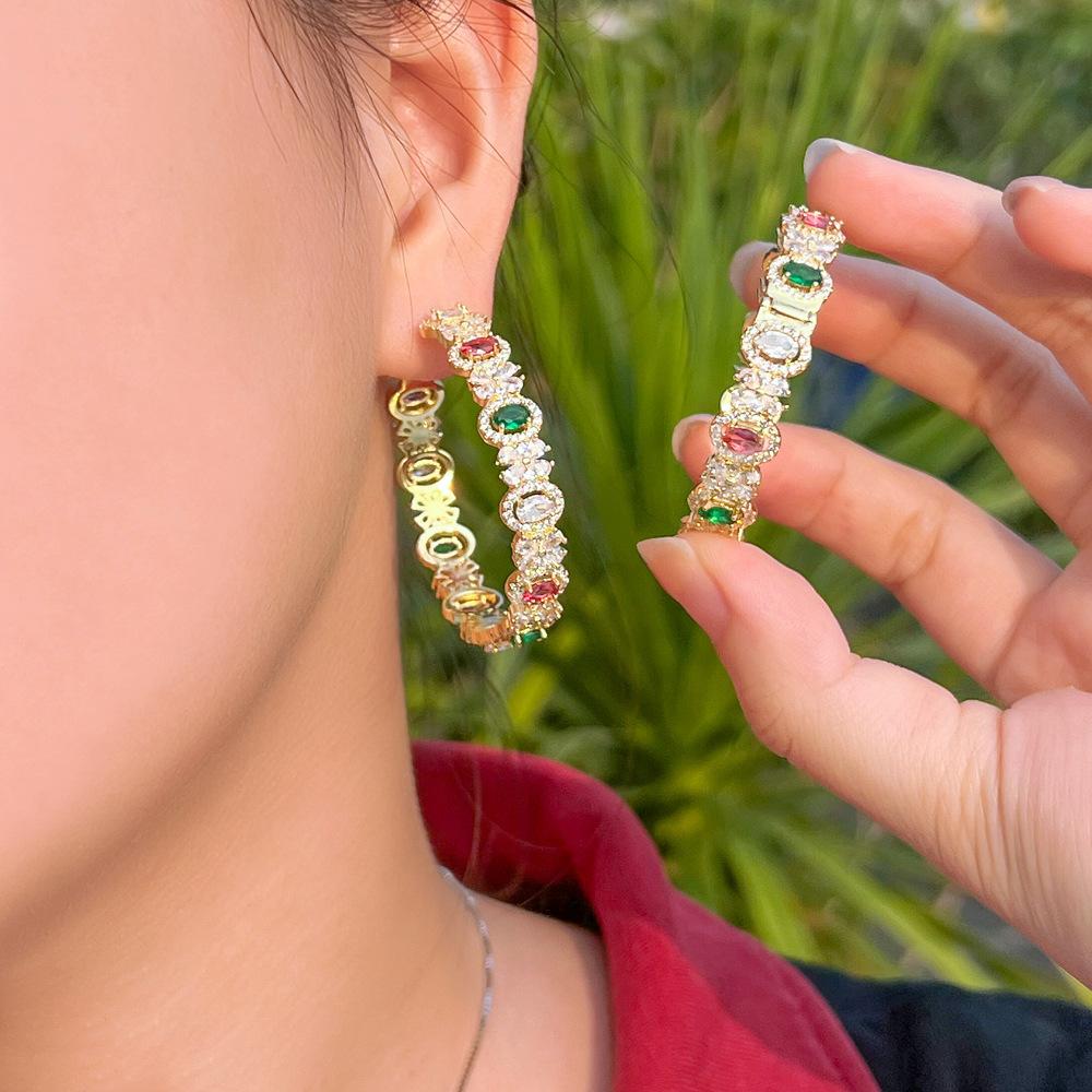 French Light Luxury Retro Color Full Diamond Earrings Cold Wind Rainbow Zircon Ear Buckles Hip Hop Earrings Earrings