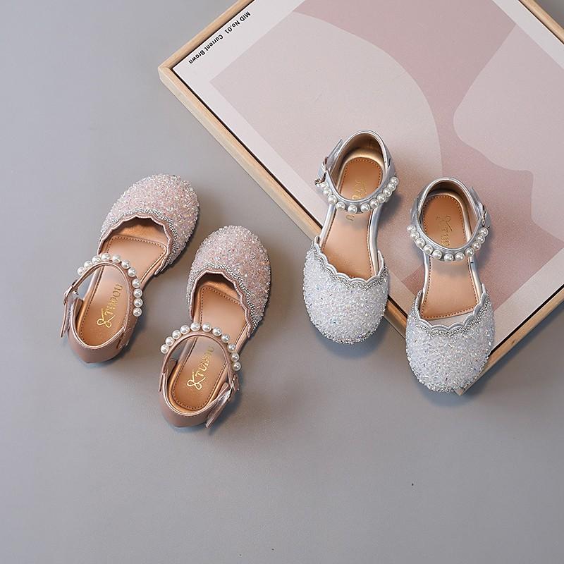 Mädchen Halbsandalen für Hochzeitsfeier Kinder Kristall Lederschuhe 2024 Frühling Sommer Kinder Sommerschuhe mit Perlen Prinzessin