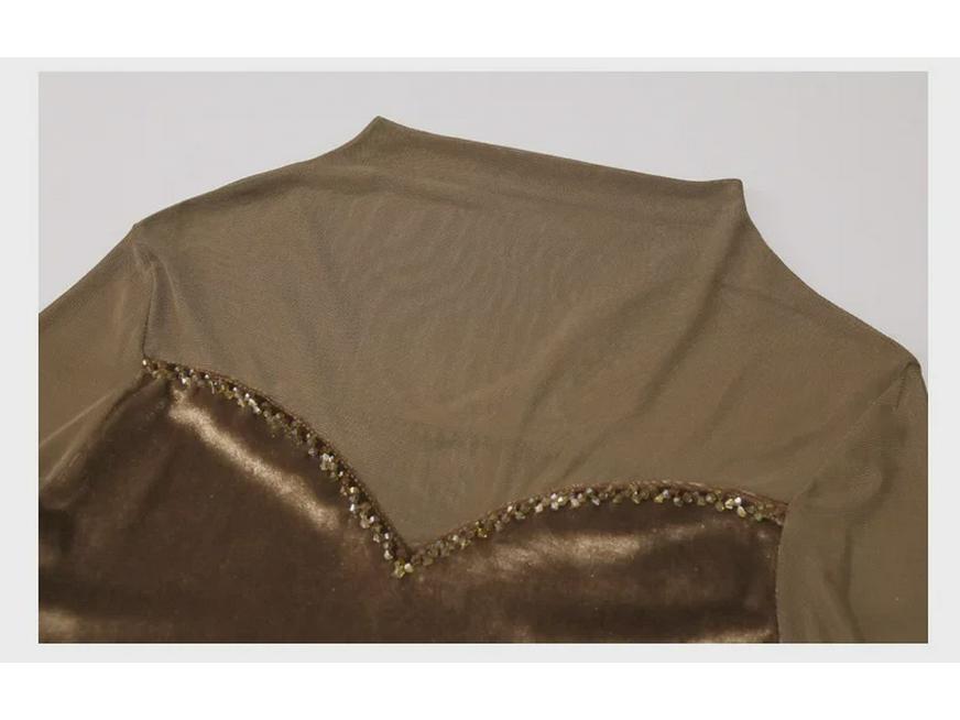 Podzimní přiléhavé tričko s korálkovou patchworkovou aplikací, polovyvýšeným límcem a dlouhým rukávem pro ženy