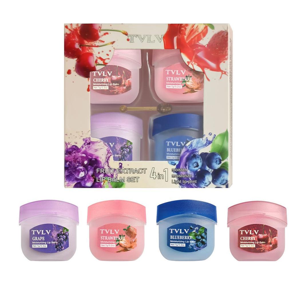 4-Color Fruit Lip Balm & Mask Set with Spoon - Autumn & Winter Hydration Gift Box
