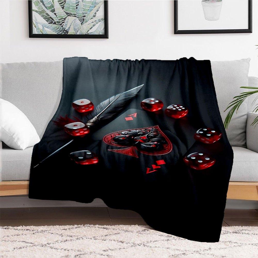 Black Playing Card with Red Dice and Feather DecorBlanket Flannel Throw Blanket for Sofa, Bed, Travel, Camping, Office