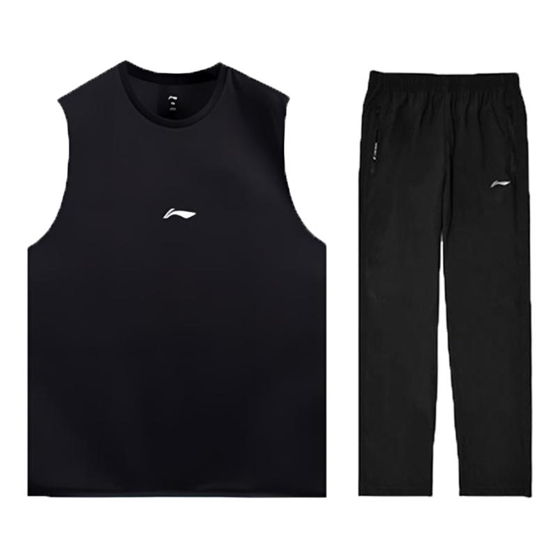 

LiNing Round Neck Ice Silk Cool Dry Breathable Running Fitness Leisure Sports Suit Unisex suit YYKV139-1+YVSV017-2 S