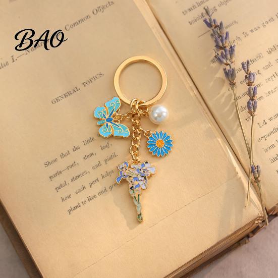 Keychain Pendant with Round Imitation Pearls, Flower Butterfly Enamel Charm Multi-color Key Ring, Pastoral Style Layered Holder Strong Chain Keyring