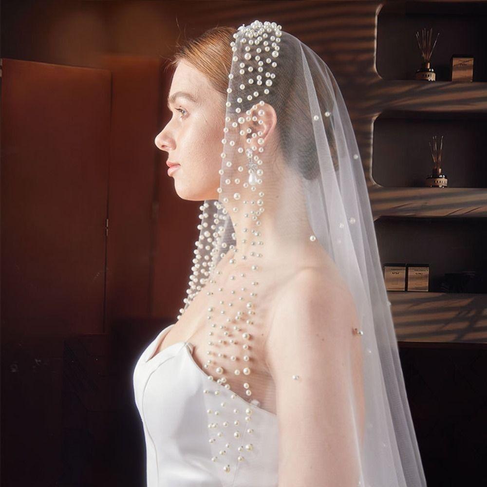 Pearls Long Wedding Veil 130cm Waist Length Drop Veil Pearls Tulle Bridal Veil  French Headdress
