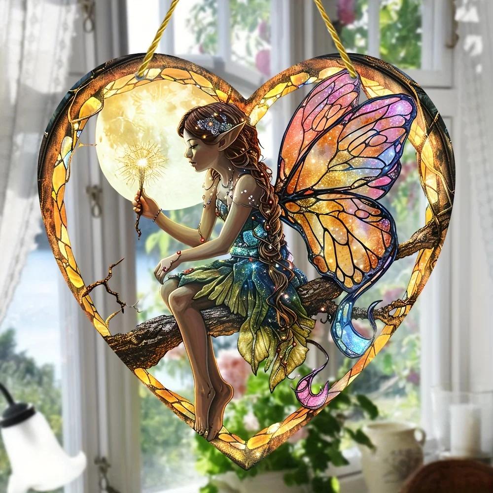 1 Pc Magic Fairy Hanging Decoration, Acrylic Heart Wall Hanging, Stained Glass Shape, Perfect for Home and Garden Decoration