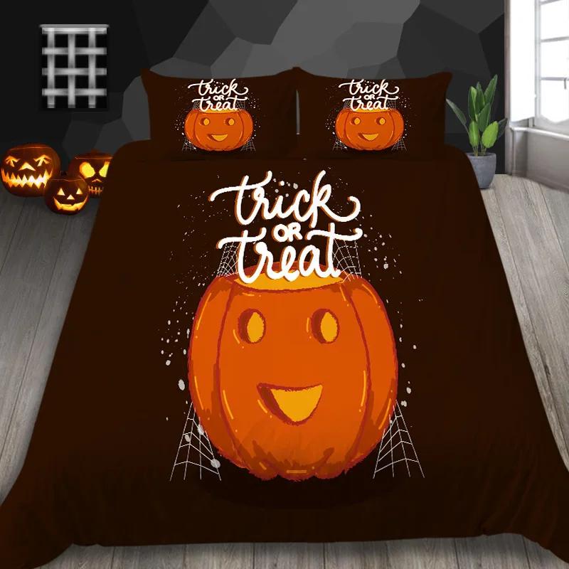 Halloween King Queen Duvet Cover Kawaii Cartoon Skull Bedding Set Kids Boys Orange Pumpkin Skeleton 2/3pcs Polyester Quilt Cover