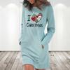Women's Casual Solid Color Long Sleeve Round Neck Pocket Dress Merry Christmas