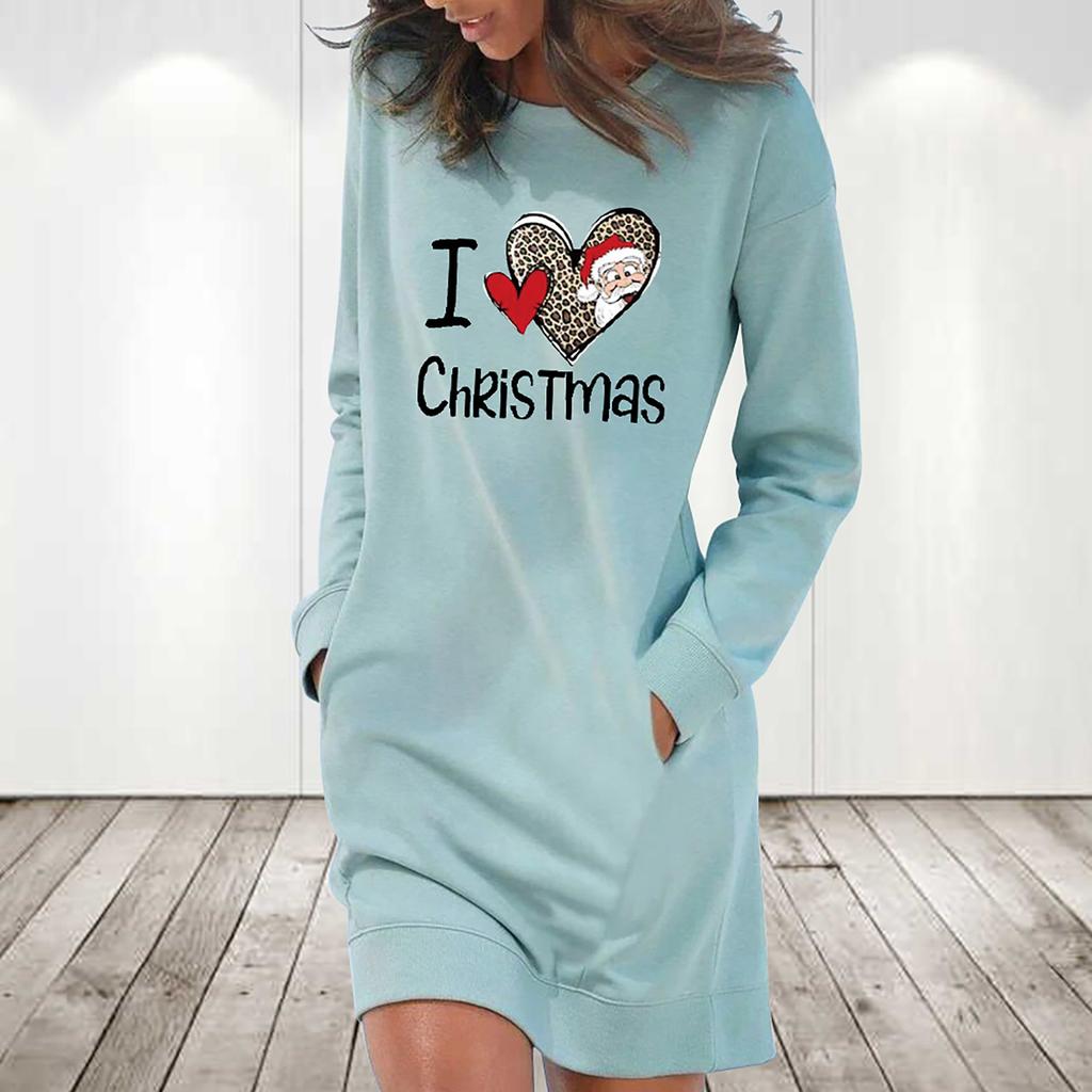 Women's Casual Solid Color Long Sleeve Round Neck Pocket Dress Merry Christmas