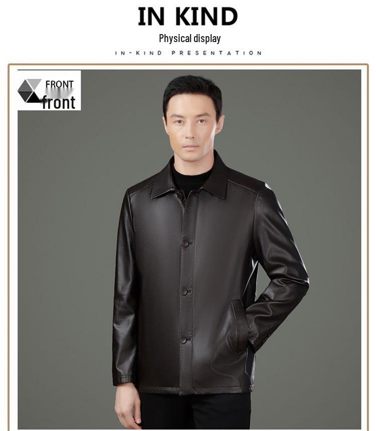 Men's Genuine Sheepskin Lapel Coat - Winter 2025 Single-Breasted Leather Jacket with Plush Lining for Middle-Aged Dads