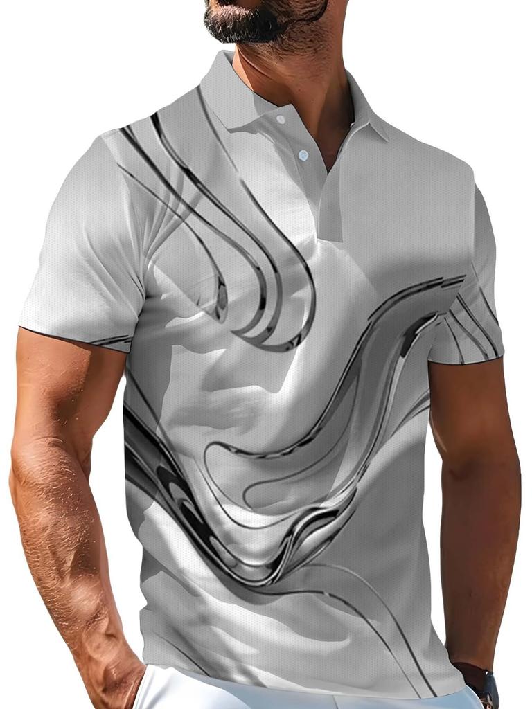 Men's Outdoor Short-Sleeve Polo Shirt, Available in Multiple Sizes. Men's Short-Sleeve Polo with Gray-White Ink Fluid Marble Pattern. Men's Top
