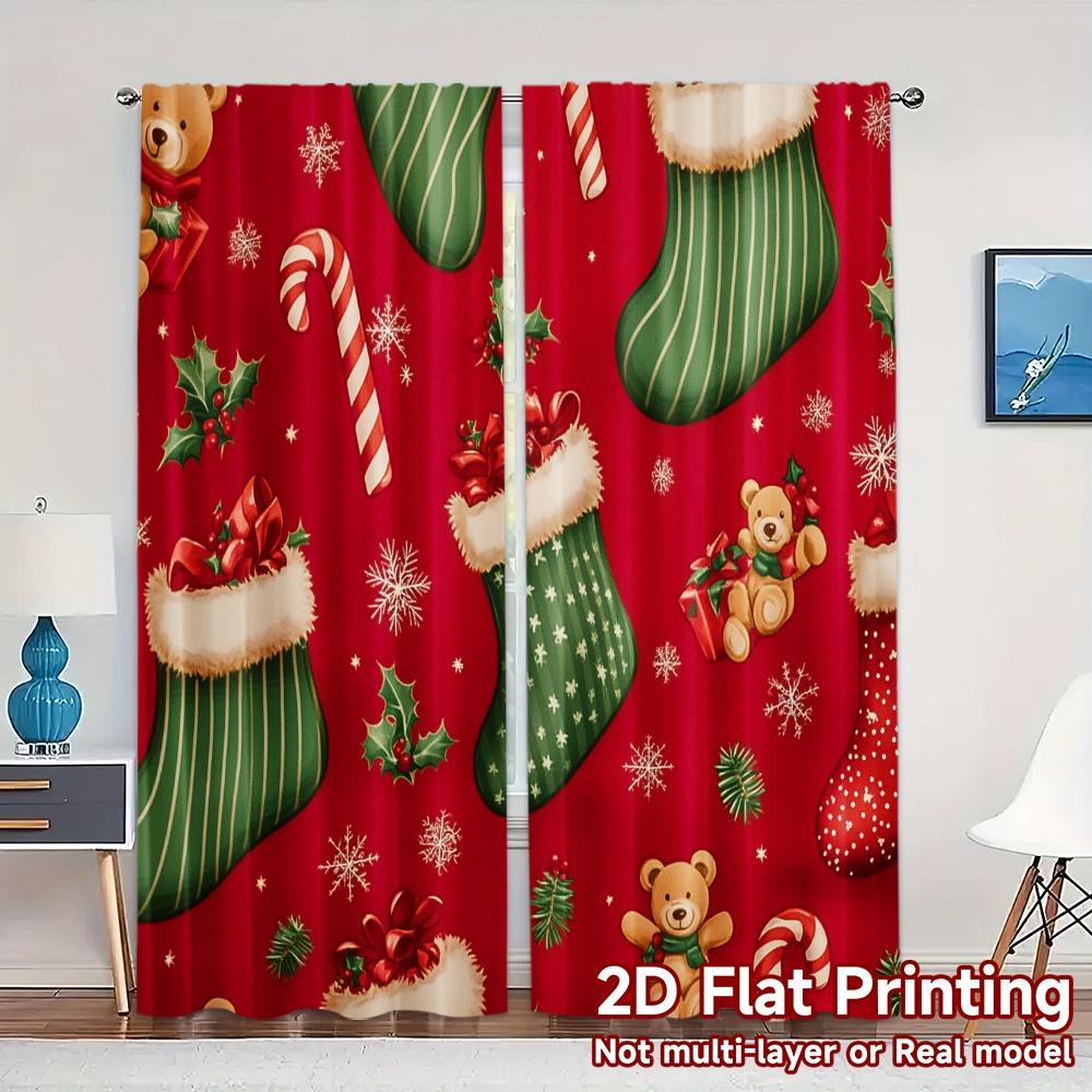 

2 шт., Шторы Рождественский чулок Плюшевый мишка Снежинки (3) Популярные минималистичные шторы Универсальные тканевые шторы на все сезоны для 52.50×116.00 CM 2pcs