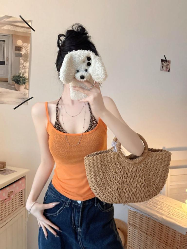 American Spice Girl Thin Perspective Suspender Vest Women's Summer Slim-fit Inner Leopard Print Breast Wrap Short Top Two-piece Set