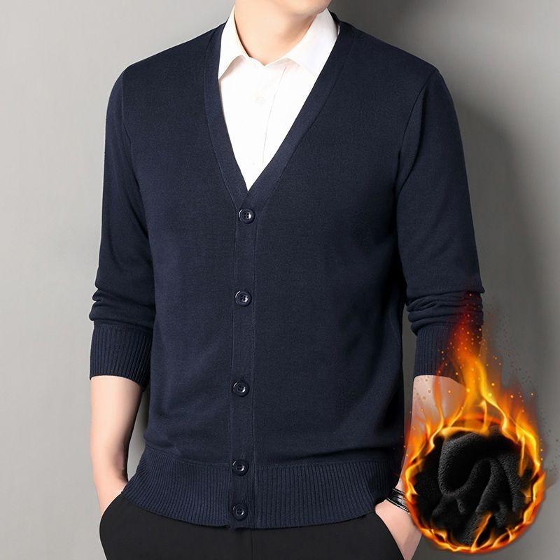 Men's Fall/Winter V-Neck Fleece-Lined Warm Cardigan: Knit Jacket for Middle-Aged and Elderly Men
