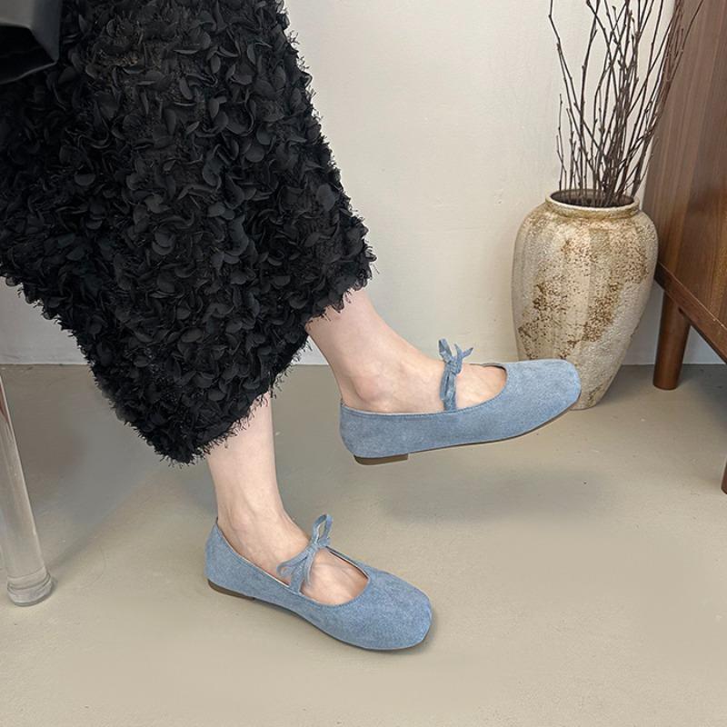 Fashion Low-heeled Single Shoes Autumn New Square Toe Shallow Suede Front Lace-up Soft Sole Non-slip Wear-resistant Low-top Shoes