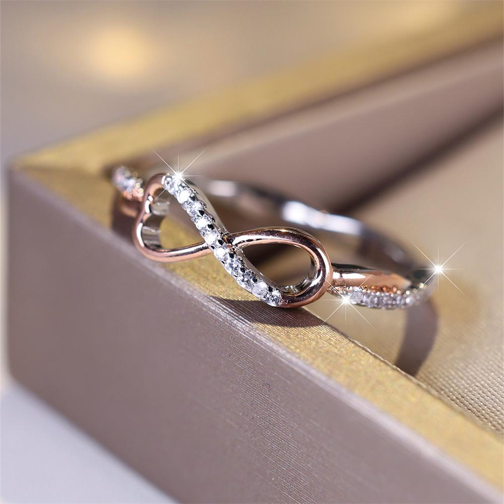Simple Trendy 8 Shape Infinity Ring White Zircon Engagement Rings For Women Rose Gold  Color Wedding Band Two Tone Jewelry