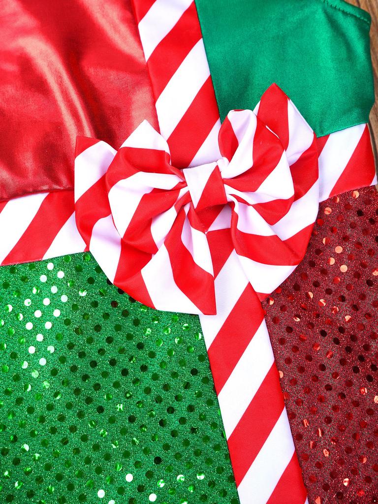 Girls Christmas Dress Striped Color Block Sleeveless Back Cutout Shiny Layer Skirt Jumpsuit Stage Costume