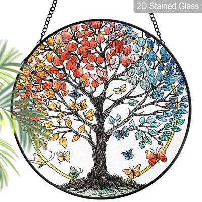 2D Flat Stained Glass Tree of Life Window Decoration, 6.3/7.87inches Colored Glass Plate with Chain, Charming Indoor/Outdoor Sun Catcher Home Garden