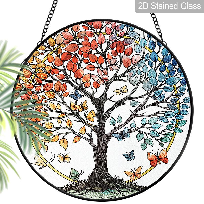 2D Flat Stained Glass Tree of Life Window Decoration, 6.3/7.87inches Colored Glass Plate with Chain, Charming Indoor/Outdoor Sun Catcher Home Garden