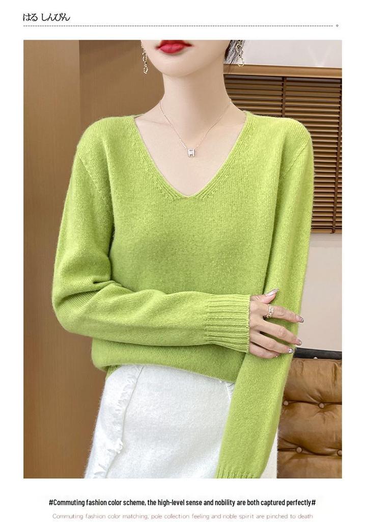 Women's V-Neck Thickened Wool Knit Sweater – 100% Pure Loose Fit