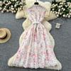 Elegant Lace Printing Formal Dresses Women Lapel Single-breasted Hollow Out Belt Slim Temperament Summer Dress