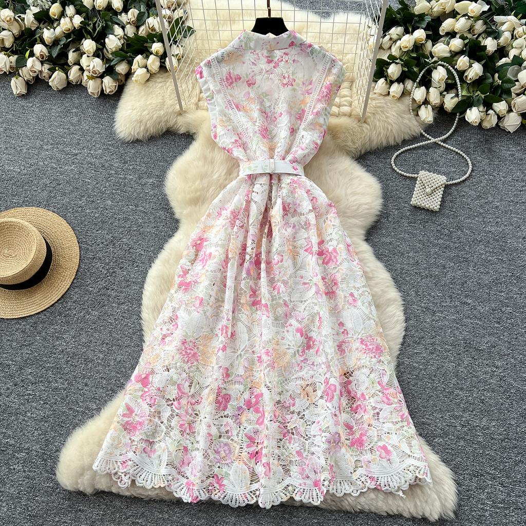 Elegant Lace Printing Formal Dresses Women Lapel Single-breasted Hollow Out Belt Slim Temperament Summer Dress