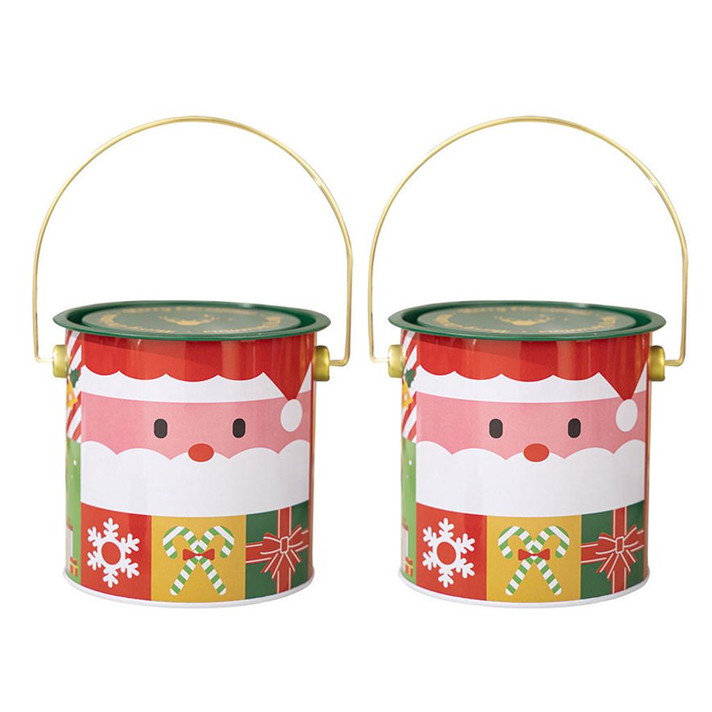 2pcs Christmas Candy Boxes with Handle Handheld Round Bucket Sweets Packaging Tins Portable Tinplate Candies Holders