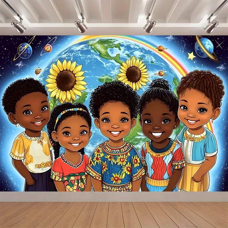 Space Themed Tapestry with Black Children, Earth Planets & Sunflower Print Wall Art for Nursery & Party Backdrop