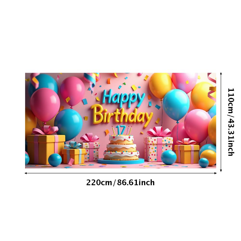 17th Happy Birthday Backdrop Banner Birthday Cake Balloon Gift Photography Background Event Festive Decoration Party Supplies