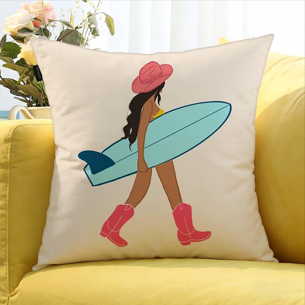 Surfboard Surfing Art Surf Girl Various Sizes Square Pillow Case For Car Home Bedchamber Decor