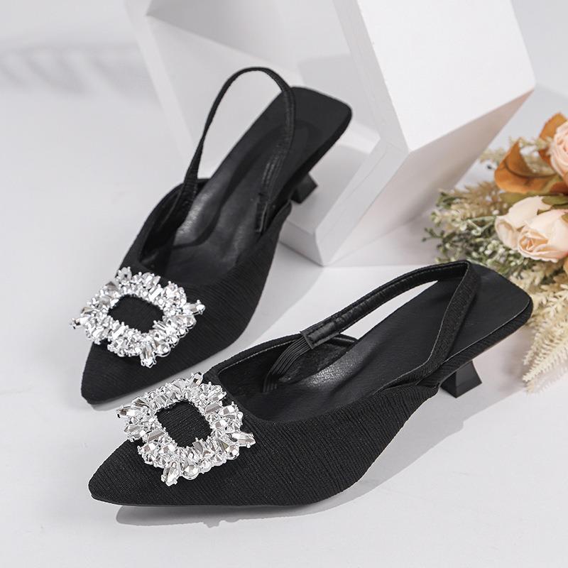Baotou Sandals Women's 2026 New Summer Rhinestone Square Buckle Fairy Wind Back Empty French Stiletto High Heel Pointed Single Shoes