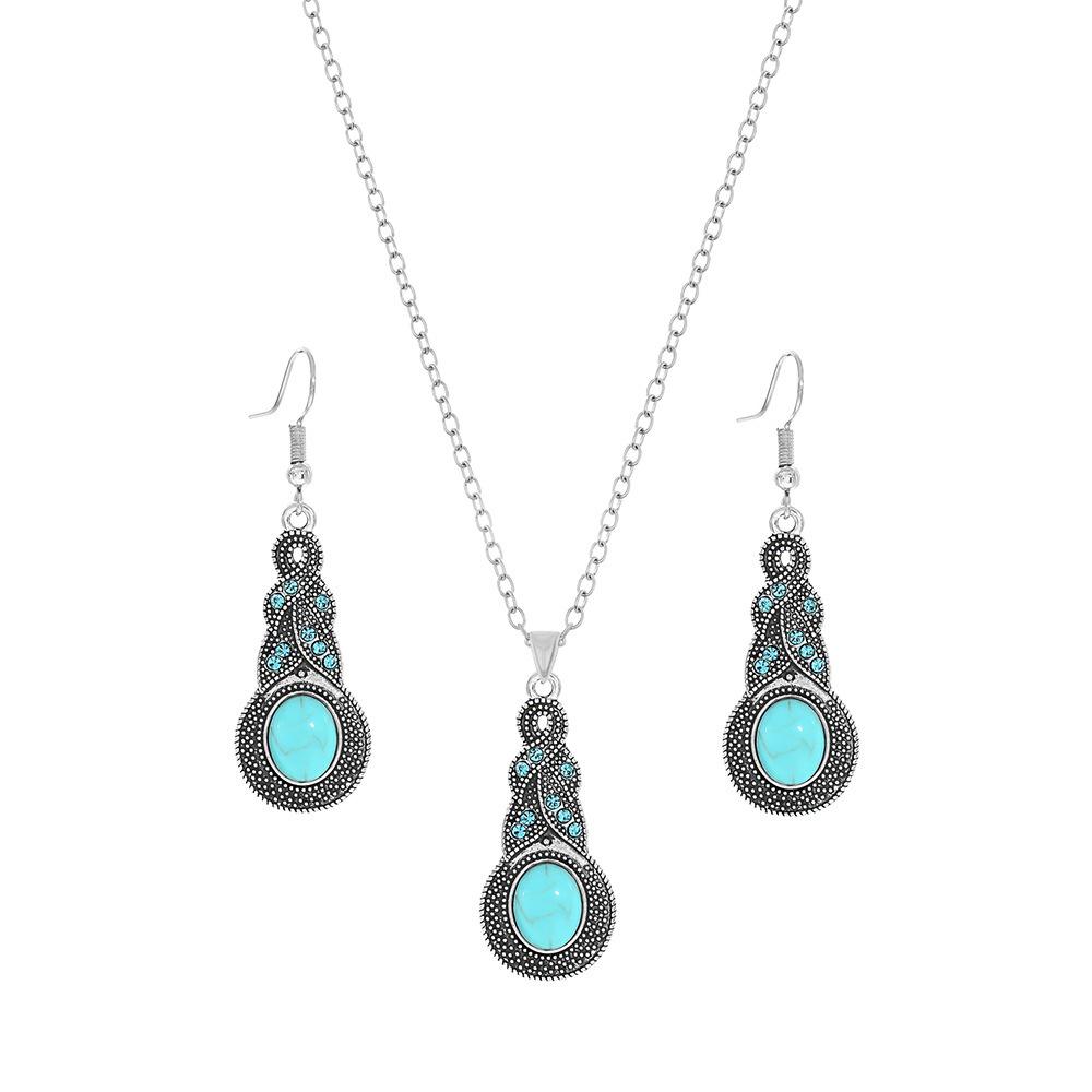 New Fashion Retro Pattern Blue Crystal Inlaid Turquoise Earrings Pendant Bohemian Pendant Earrings