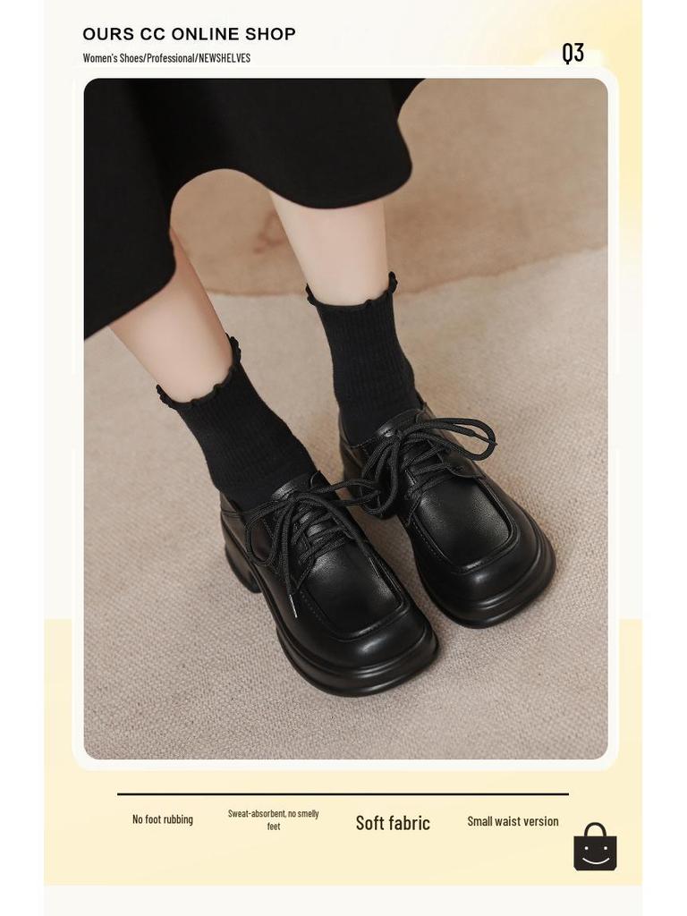 2025 Herbst Retro Schwarz Damen Square Toe Schnürschuhe Dicke Sohle Höhenverstärkend Britischer Stil Kleine Lederschuhe