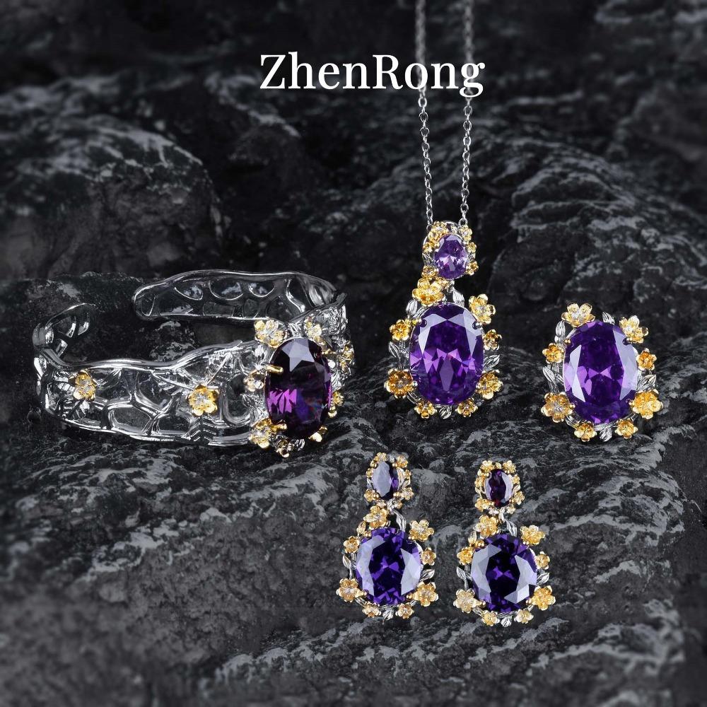 

Italian Retro Royal Style Women Jewelry Set Purple Diamond Plum Blossom Daisy Pendant Earrings Bracelet