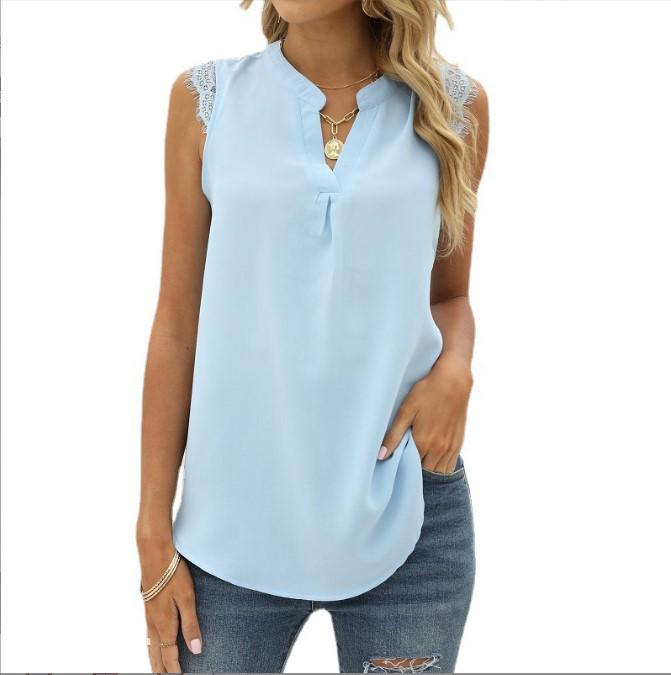 European & American Women's Fashion: Spring/Summer Solid Color V-Neck Sleeveless Shirt with Lace Trim