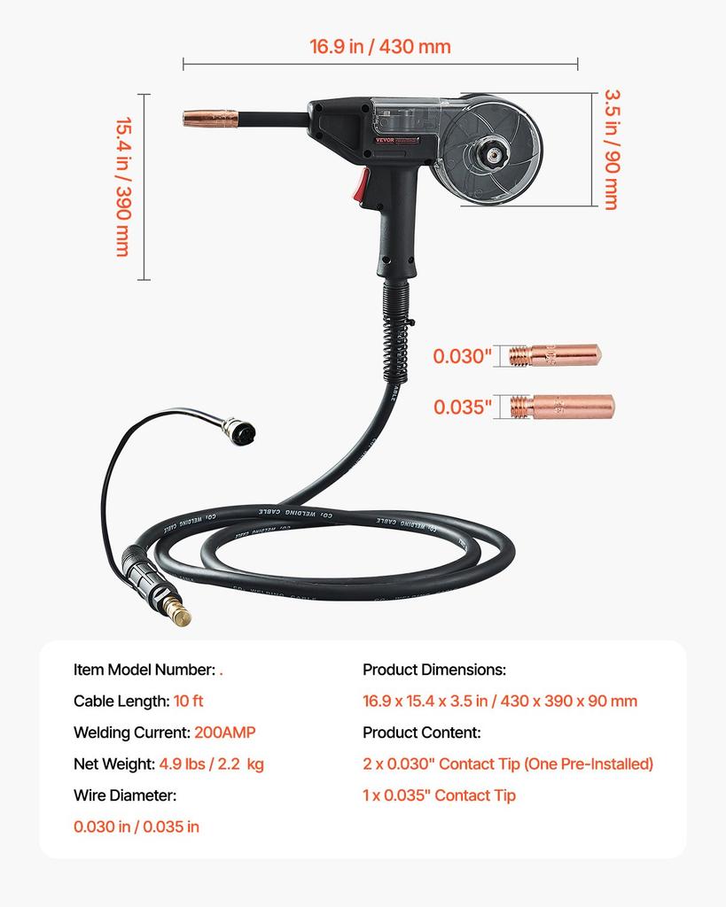 VEVOR 200Amp Spool Gun with 10FT Cable, Compatible with W Weldpro MlG200GDsv200 and MIG155GD Welders
