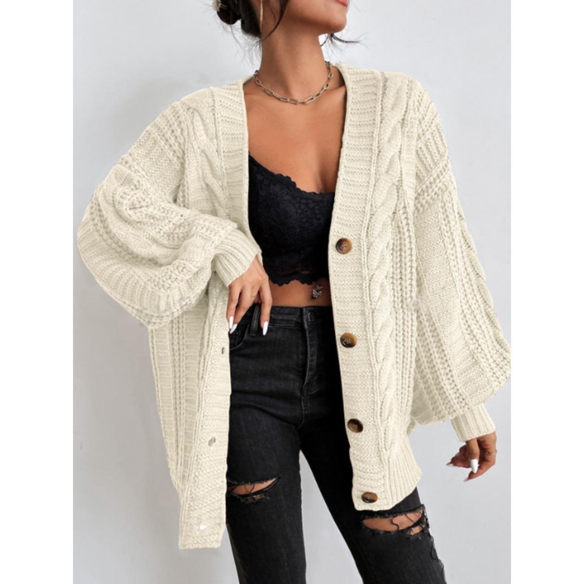 

Женский свитер с V-образным вырезом, в стиле ретро, свободный кардиган с рукавами-фонариками, вязаное пальто S бежевый