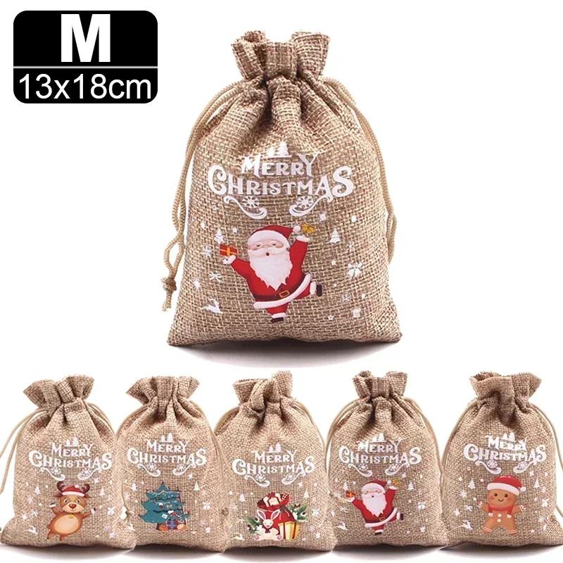 36-1PC Christmas Linen Drawstring Bags Candy Biscuits Pouchs Burlap Bracelet Jewelry Storage Bag Xmas Kids Gifts Packaging Bags