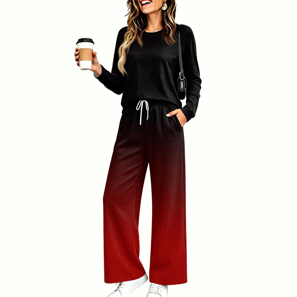 Women's Pajama Set with Pockets, Round Neck Long Sleeve Loose Fit Printed Casual Loungewear for Sleeping at Home