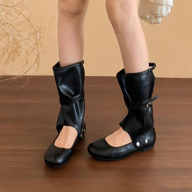 Flat-bottomed Khaki Retro Women's Boots, New Spring and Autumn with Skirts, Sandals, Thin Trousers, Boots, Medium Boots, Women