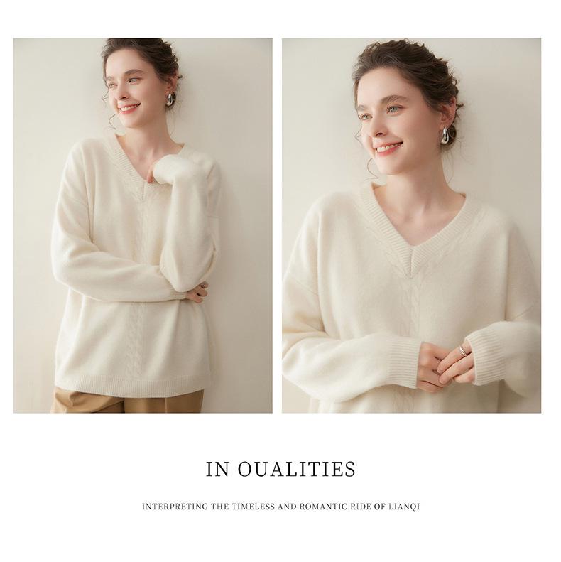 Women's V-Neck Cashmere Blend Pullover: Cozy Cable Knit Sweater for Autumn/Winter