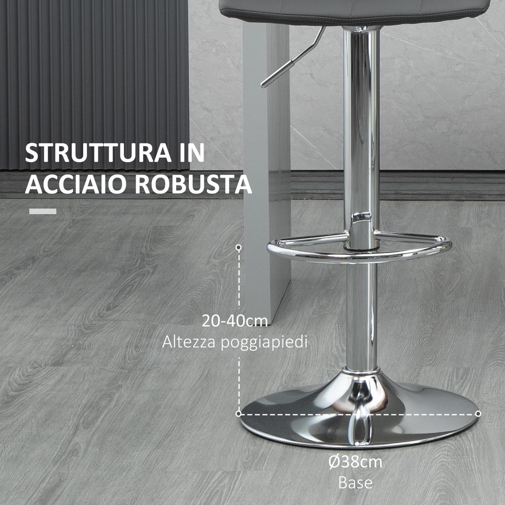 Set of 2 Swivel Bar Stools in Faux Leather with Backrest and Footrest, 42x45x89-110cm, Grey