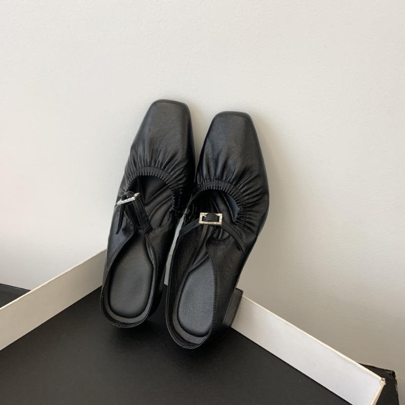 

[sheii] Please see the details~ Square head lambskin pleated bag head thick heel slippers women s half drag outer wear 35 чёрный