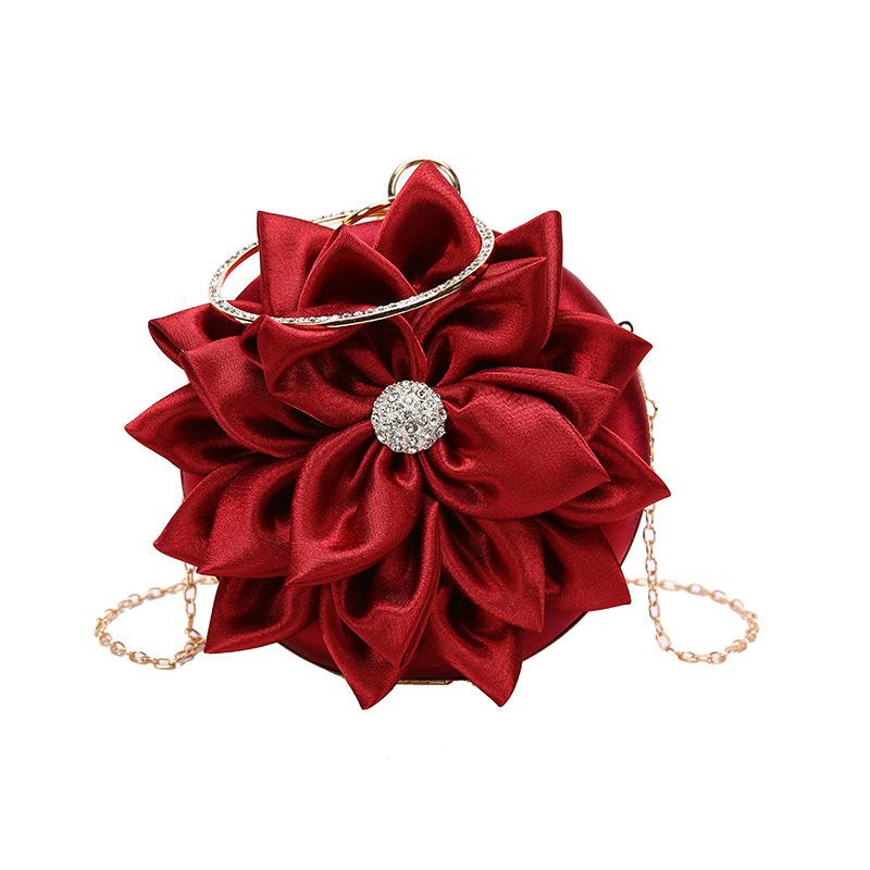 Red Flower Clutch Purse Women Round Evening Bag Crystal Diamond Wedding Silk Handbag Exquisite Chain Shoulder Bags