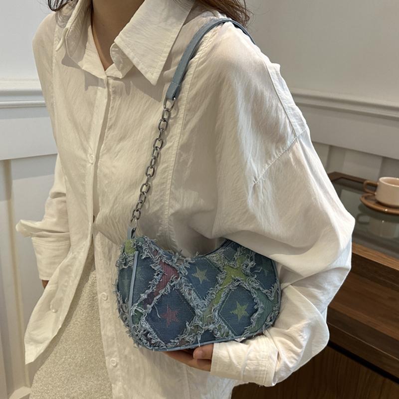 Womens Star Pattern Chain Decor Small Shoulder Bag Trendy Vintage Y2k Denim Underarm Bag Korean Star Women's Handbag Lady KTY