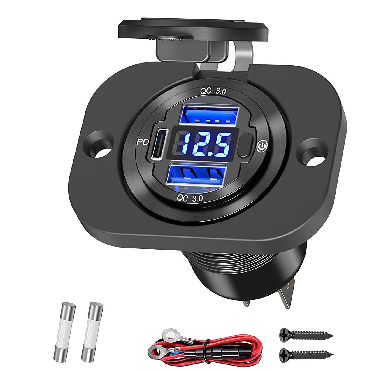 

12 В/24 В USB Розетка для автомобильного зарядного устройства Двойной QC3.0 и PD Type-C Выход 66 Вт 3 порта USB Выход питания Адаптер для зарядки для мотоцикла автомобиля RV