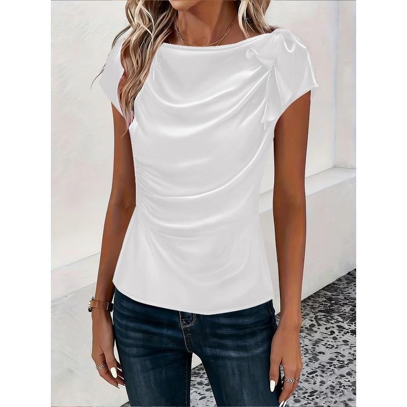 IHUASU Women's Fashion Casual Solid Color Print O-Neck Short Sleeve   Blouses & Shirts