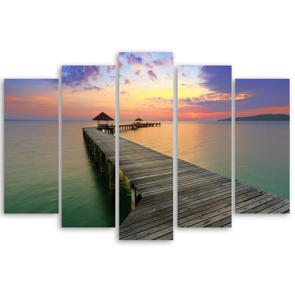 Obraz na plátně z pěti kusů Most pro pěší Lake Sky Purple