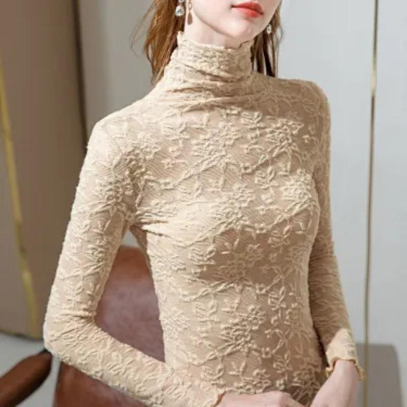 Women S Thin Semi Sheer Lace Turtleneck Long Sleeve Slim Fit Base Layer Top