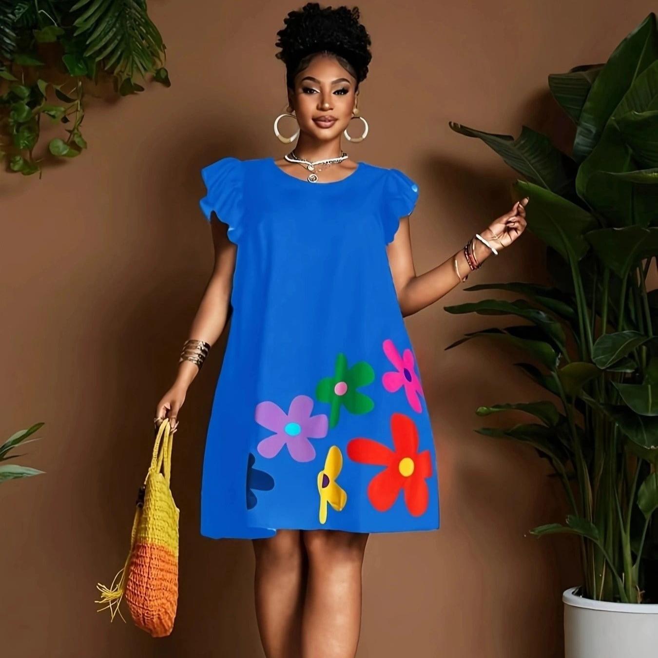 

Летние черные А-силуэта Элегантные платья с цветочным принтом для женщин больших размеров Свободное плиссированное пляжное платье-сарафан с оборками без рукавов Сладкое платье-майка мини XXXL